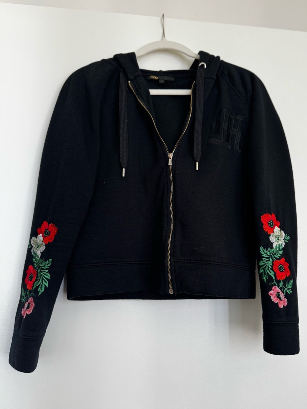 Maje Black Zip Hoodie with Red & Pink Floral Embroidery